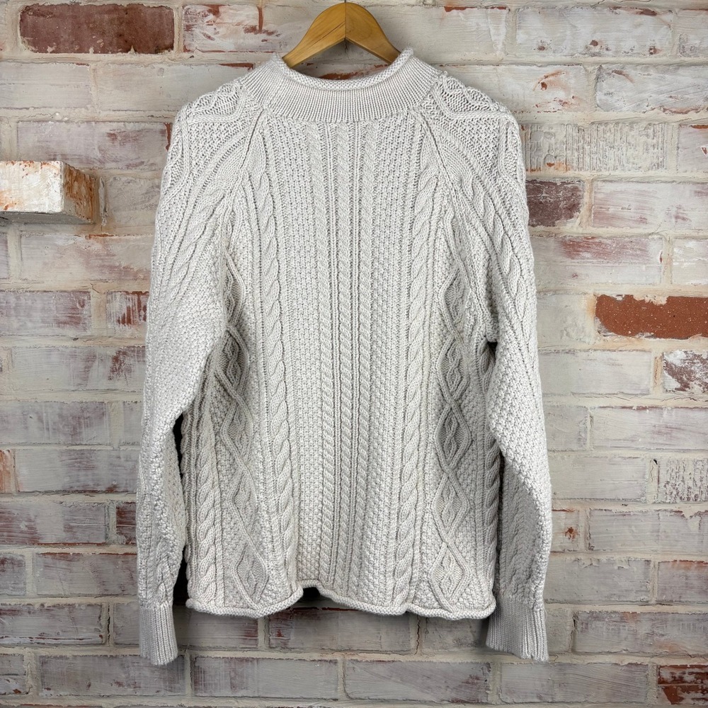 J.Crew Always Oatmeal Cotton Cable Knit Fisherman Sweater Chunky Mock Neck L - Picture 3 of 9